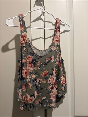 Floral Scoop Neck Sleeveless Tank Top - Olive Green